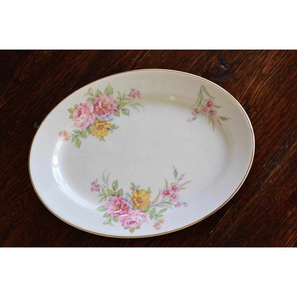 1950s Oval Meat Platter Warwick Rosemont Vintage Dinner Serving‎ Pink Floral